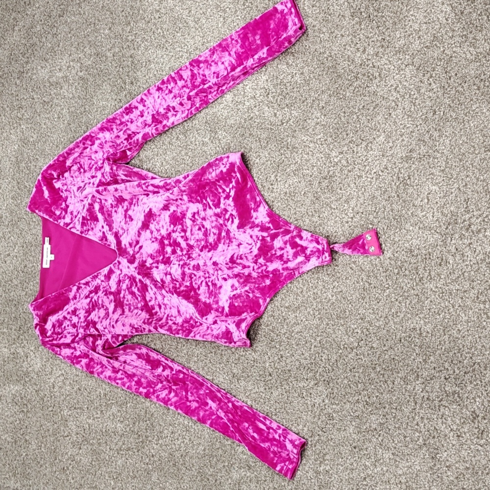 Good American Plunge Neck Crushed Velvet Long Sleeve Bodysuit Fuschia Pink 2/MED
